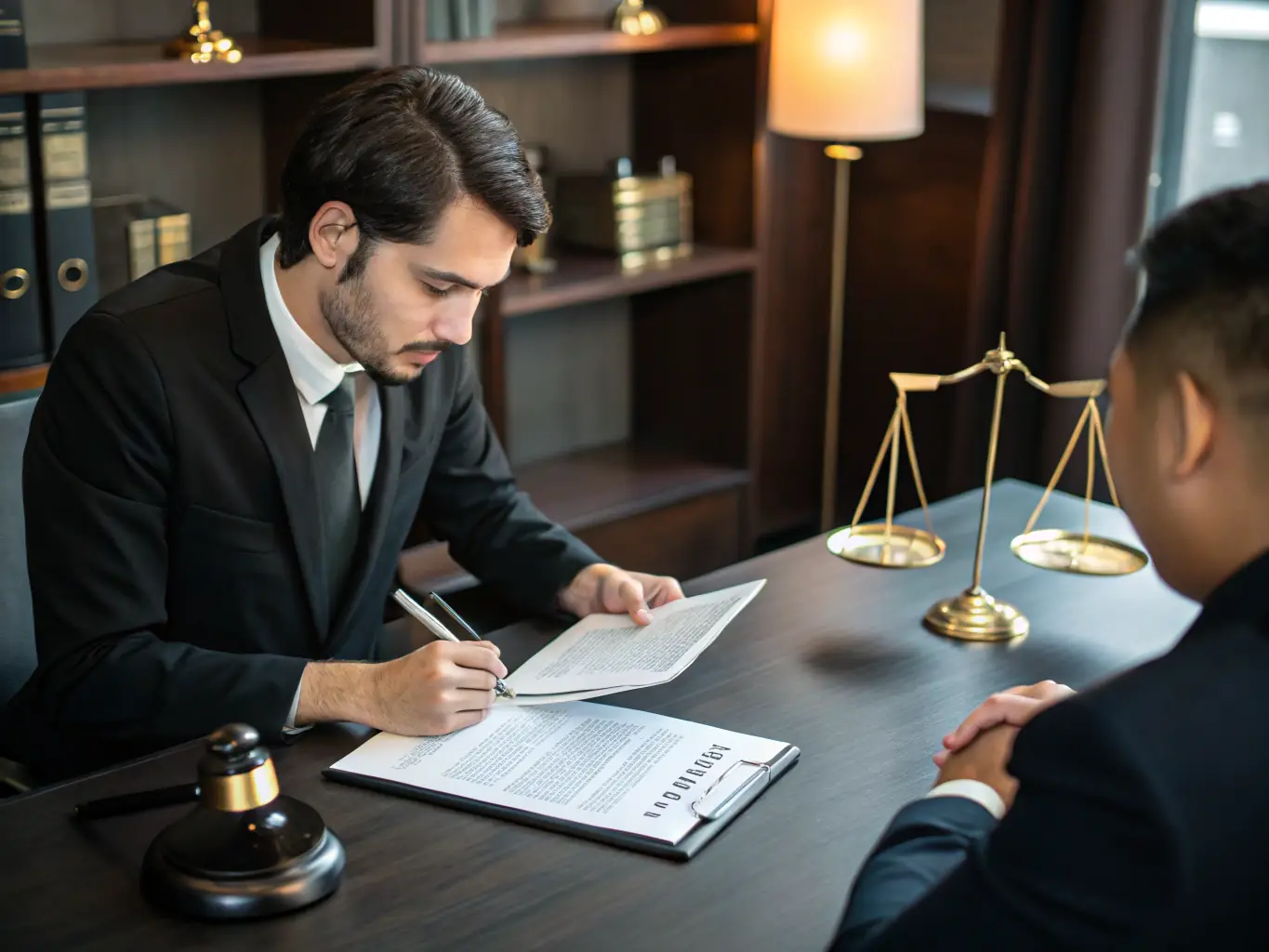 An image of a lawyer reviewing legal documents on a computer screen with a client in the background, representing thorough legal document review services.