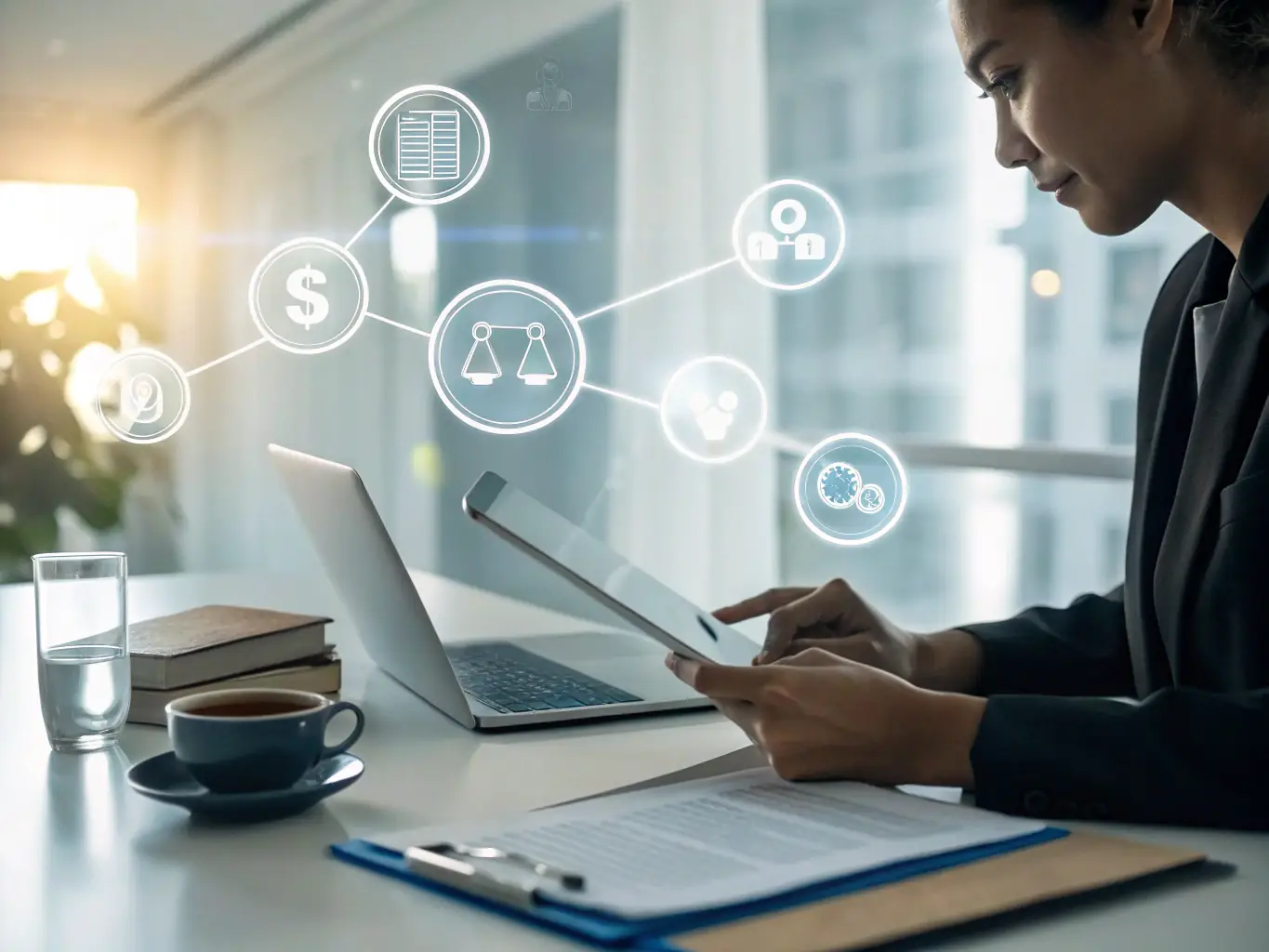 An image showing a client having a video call with a lawyer, with legal documents on the table, symbolizing the convenience of online legal consultation.