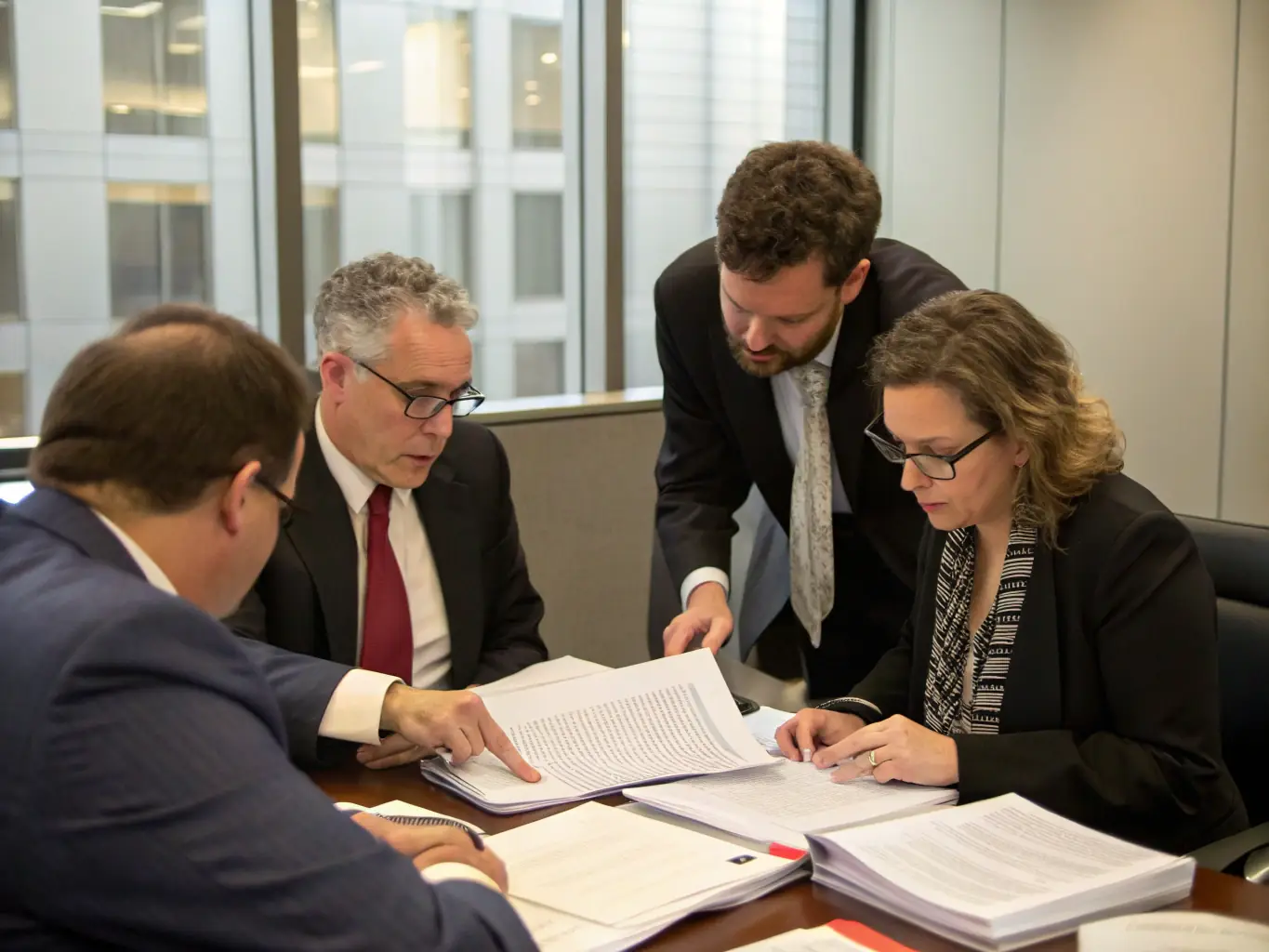 An image of a business team in a meeting with a lawyer presenting legal documents, illustrating business legal support services.