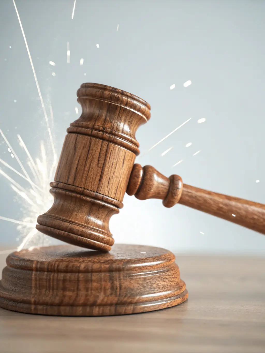 A gavel hitting a sound block in a courtroom, representing legal representation for disputes.