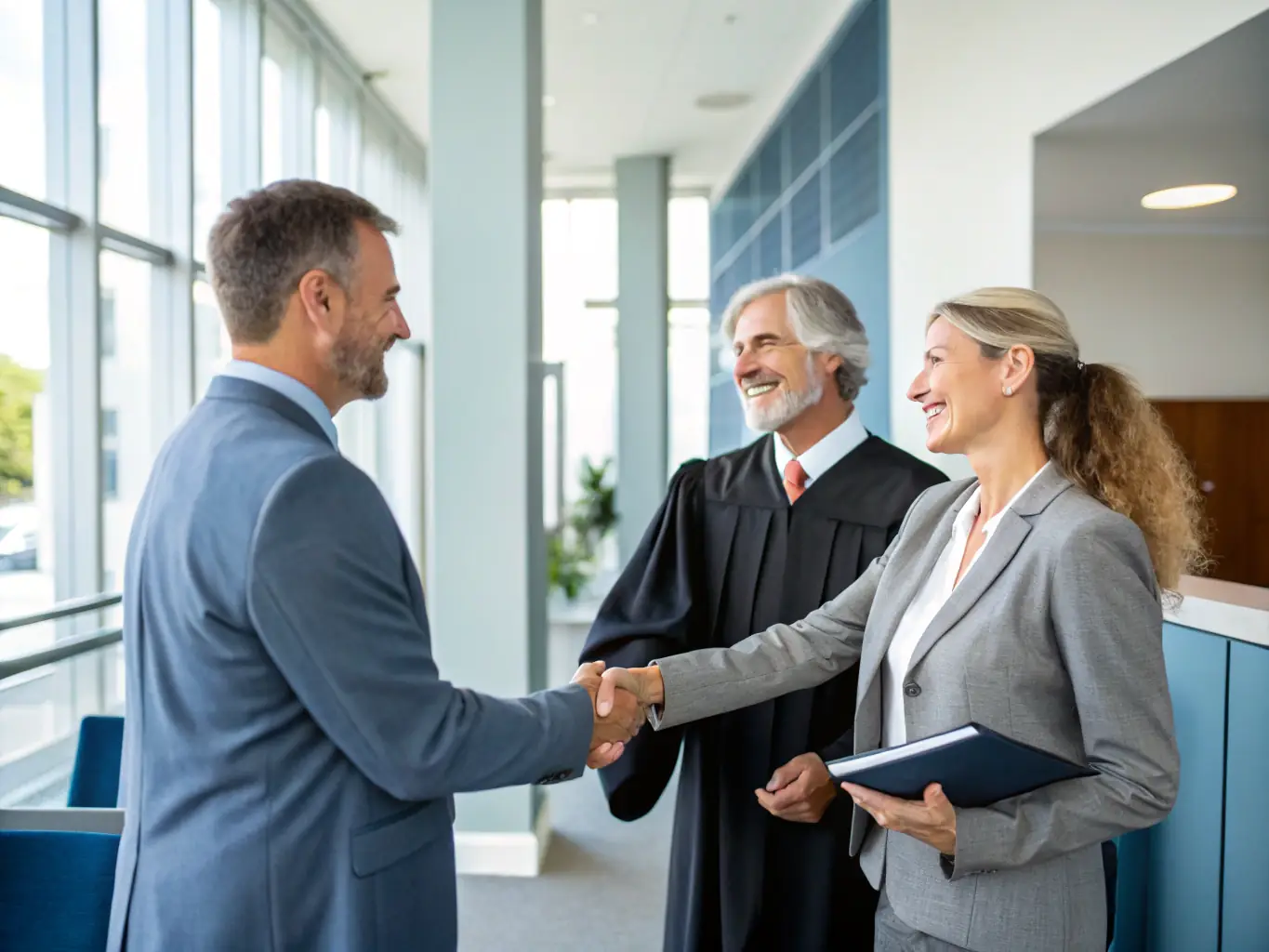 A person confidently shaking hands with a lawyer in a modern office setting, symbolizing trust and partnership in legal services.