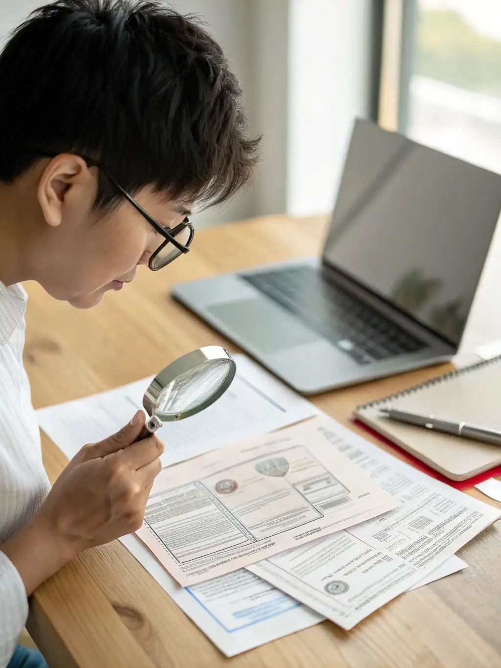 A person reviewing a contract with a magnifying glass, symbolizing contract review services offered by Justice United.