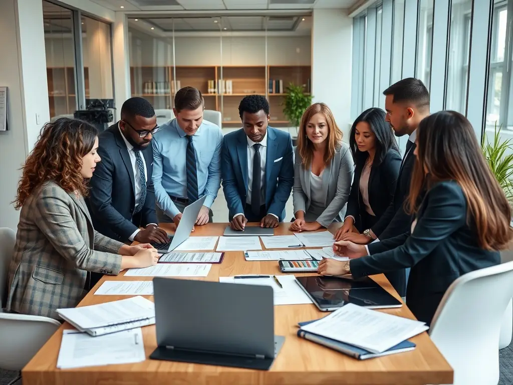 A diverse group of professionals collaborating on legal documents in a bright, modern office, representing comprehensive legal support.