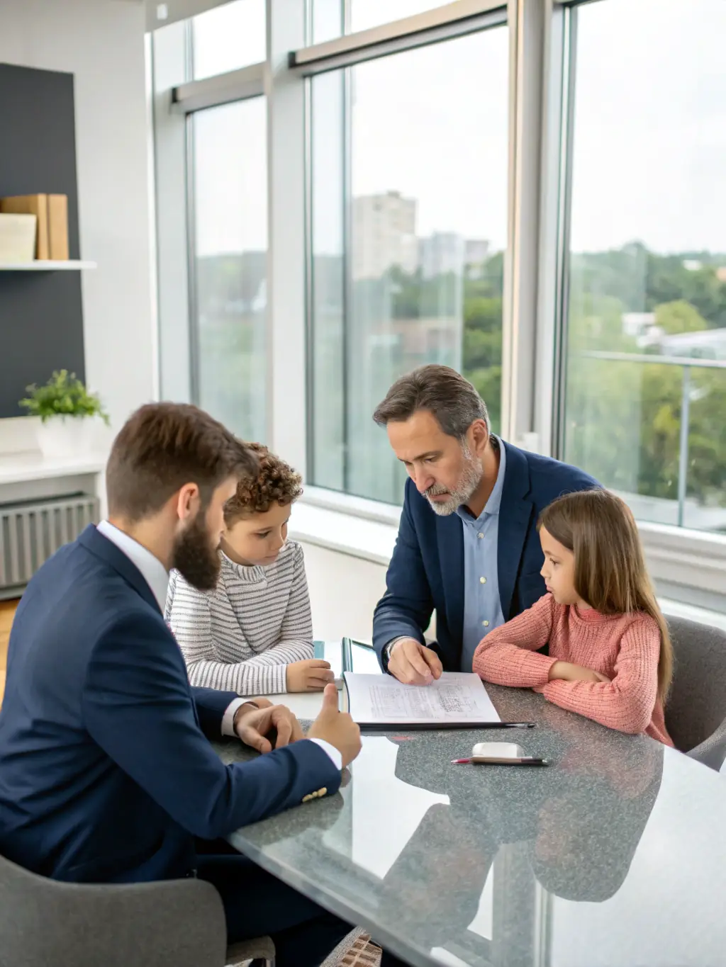 A family in discussion with a lawyer, representing family law services.