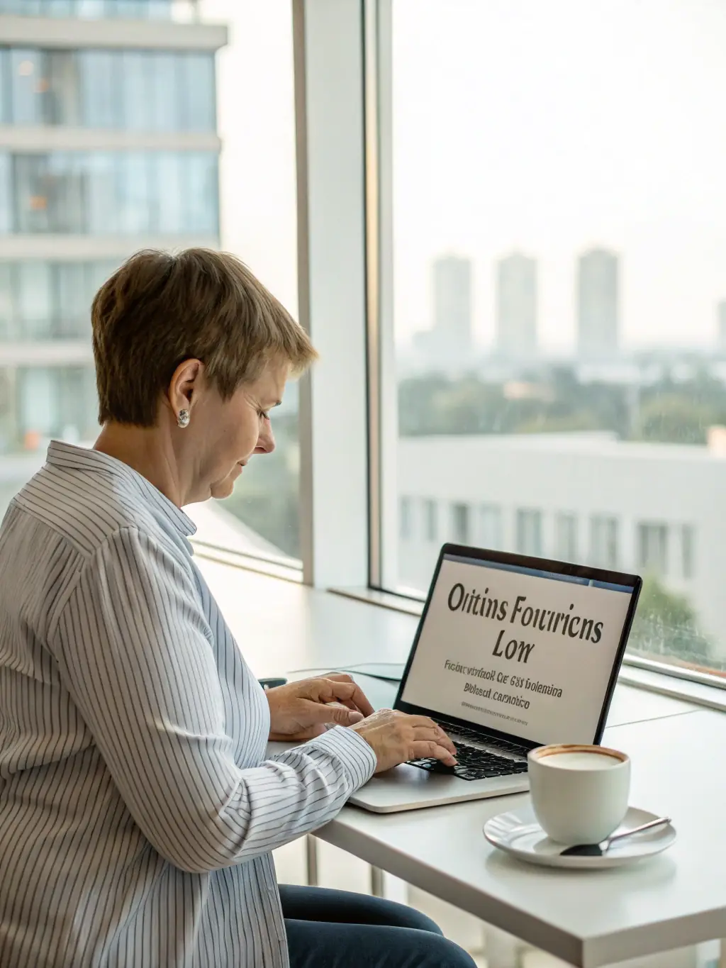 A person using a Justice United website on a laptop, searching for legal assistance. The scene is well-lit and professional, conveying ease of use and accessibility.
