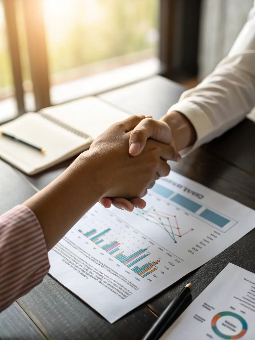 A hand shaking over a document, symbolizing business legal guidance and partnerships.